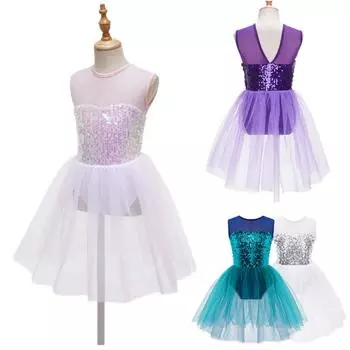 Дети Девочки Балетная пачка Трико Платье Без Рукавов Блестками Тюль Гимнастические Лирические Платья Танцевальные Костюмы 3-4 Years озеро зеленый