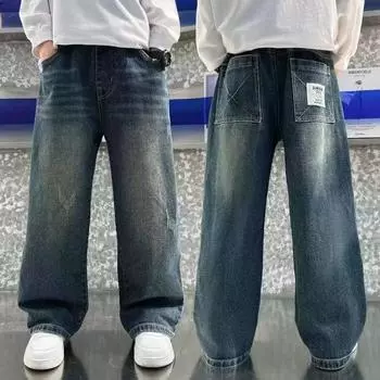 Дети Мальчики Джинсы с эластичной талией Брюки Детская одежда Свободные повседневные Мальчики Повседневная мода Весенние тенденции Длинные брюки 170cm синий
