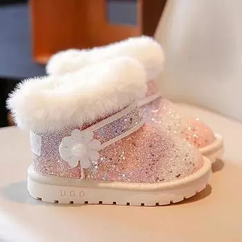 Дети Младенцы Девочки Блестки Зимние сапоги Теплая обувь Детская зимняя обувь 25 бежевый