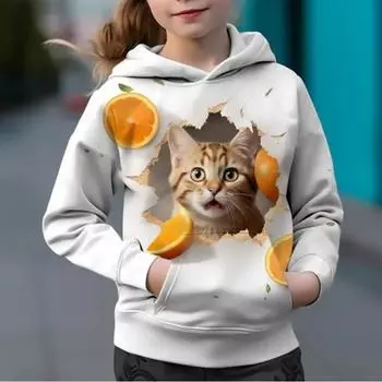 дети Толстовки с капюшоном 3D-принт Мультяшный кот Оранжевые мотивы Уличная одежда Для мальчиков и девочек Толстовки с капюшоном Оверсайз Кавайные свитера Спортивные костюмы 100