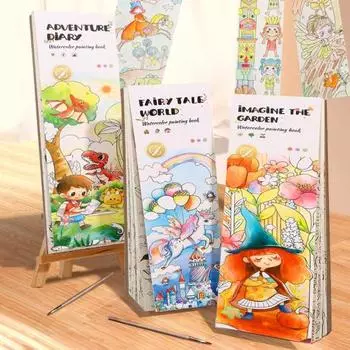 Детская акварельная раскраска с пигментной кисточкой, 20 страниц, портативная карманная тетрадь для рисования акварелью, подарок для малышей и девочек синий
