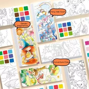 Детская акварельная раскраска с пигментной кисточкой 20 страниц Портативная самодельная синий