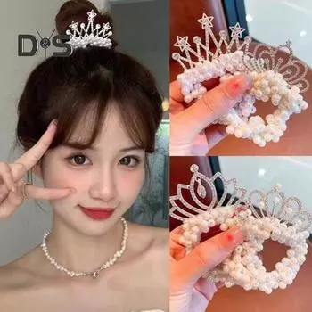 Детская эластичная резинка для волос из искусственного жемчуга, декор в виде короны, веревка для волос, Неповреждающее кольцо для волос, аксессуары для волос принцессы для девочек, детский головной убор C