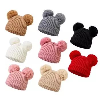 Детская эластичная вязаная шапка с помпонами Детская шапка Мягкие дышащие шапки Младенческие шапочки Вязаная зимняя теплая шапка 0-12Months