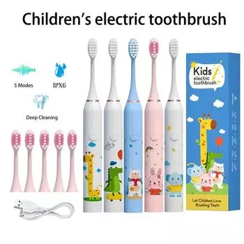 Детская электрическая зубная щетка Clean Sonic с рисунком в виде мультфильма для детей со сменной головкой зубной щетки, мягкие насадки для зубной щетки
