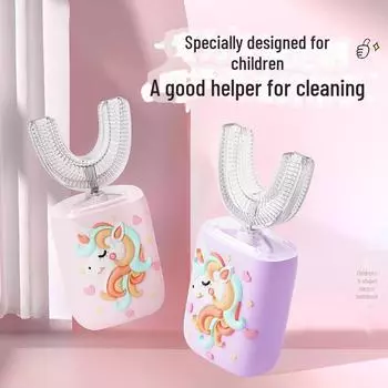 Детская электрическая зубная щетка - дизайн в виде мультяшного единорога с мягкой щетиной Two straight handles + two large U-shaped handles фиолетовый