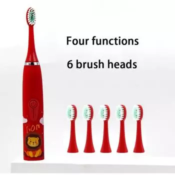 Детская электрическая зубная щетка для детей от 3 до 12 лет, уход за зубами, бактерии полости рта, 6 сменных насадок, зарядка через USB красный