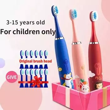 Детская электрическая зубная щетка, красочная мультяшная щетка со сменными насадками, ультразвуковая перезаряжаемая мягкая щетка для чистки волос для детей