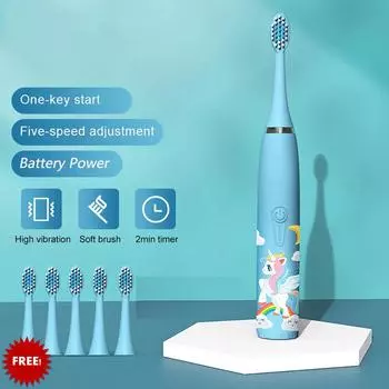 Детская электрическая зубная щетка с 5 сменными насадками, ультразвуковые электрические зубные щетки с героями мультфильмов, перезаряжаемая щетка для чистки зубов для детей розовый