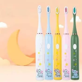Детская электрическая зубная щетка Sonic для детей от 3 до 15 лет, уход за полостью рта, зубная щетка с мультяшным животным и рисунком слона, зарядка через USB Toothbrush белый