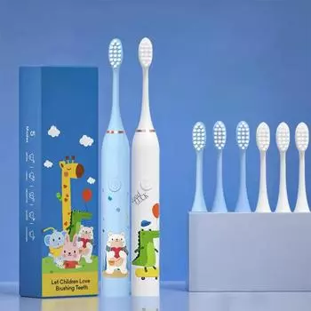Детская электрическая зубная щетка Sonic, перезаряжаемая мультяшная модель для детей, умный таймер с 4/6/8 сменными насадками, водонепроницаемая