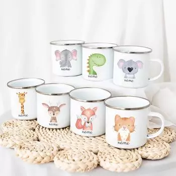 Детская эмалированная кружка Подарки Персонализированная детская кружка Лесные животные Эмалированные кружки для кемпинга с именем Подарки для детей 360ml