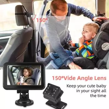 Детская автомобильная камера 1080P, детский автомобильный монитор, камера на заднем сиденье для детей, 5-дюймовый зеркальный дисплей, вращение на 360 градусов чёрный