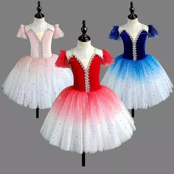 Детская балетная юбка для девочек, танцевальная юбка с градиентным цветом, обтягивающая балетная юбка с пайетками, одежда для коллективных выступлений артистов балета 140 cm синий