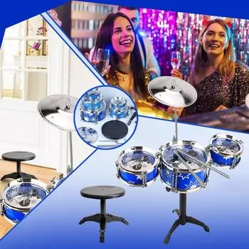 Детская барабанная установка, музыкальные подарочные игрушки для мальчиков и девочек, барабанный инструмент для начинающих музыкальных занятий, детский подарок на день рождения One Size синий