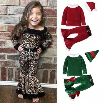 Детская бархатная плюшевая рубашка для девочек + брюки-клеш + головной убор, рождественско-новогодняя одежда для детей 1-7 лет 80 леопардовый