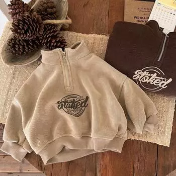 Детская бархатная теплая толстовка с капюшоном и воротником-стойкой с надписью для мужчин и женщин, повседневный трикотажный топ из хлопка для зимы 130 кофейный