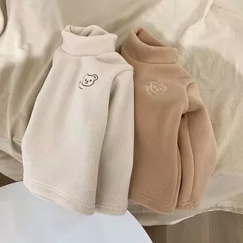 Детская бархатная утолщенная основа осенне-зимняя одежда для девочек, теплая толстовка с высоким воротом для мальчиков и медведей, милый пуловер с вышивкой медведя 90 хаки