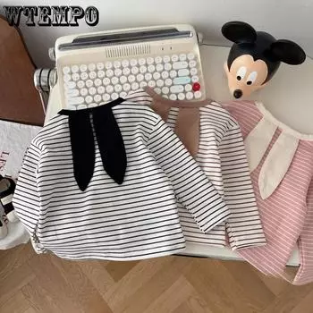 Детская базовая рубашка с длинными рукавами для весны и осени, стильная мужская и женская футболка в полоску с изображением кроличьих ушей для девочек 73