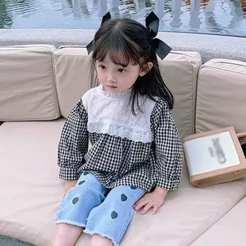 Детская блузка, детская клетчатая рубашка для девочек, пышный топ с длинными рукавами, футболка с кружевным воротником и рюшами, детская верхняя одежда, От 3 до 8 лет 11