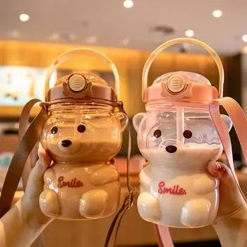 Детская бутылка для воды 1000 мл для девочек, детский чайник Kawaii с милым медведем и соломинкой, пластиковая бутылка для питья, летняя посуда для напитков 1000ml