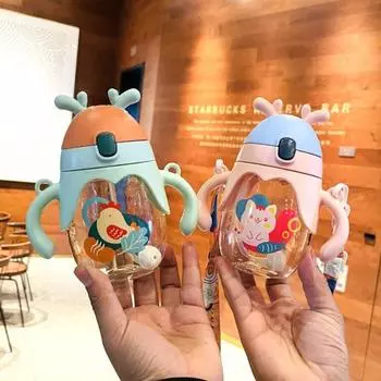 Детская бутылка для воды 350 мл с соломенным плечевым ремнем, большая емкость, пищевой сорт, широкий рот, противоудушающий мультфильм 350ml розовый