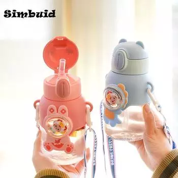 Детская бутылка для воды с рисунком кавайи и трубочкой, пластиковый стаканчик, устойчивый к падениям, для мальчиков и девочек, чайник для школьников 600ML синий