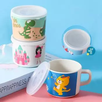Детская чашка для воды из бамбукового волокна, чашка для молока с крышкой, милый мультфильм