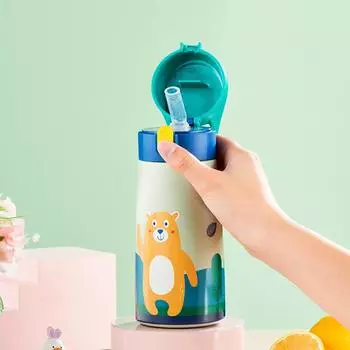 Детская чашка из нержавеющей стали с соломинкой и крышкой, термос с рисунком, бытовая кухонная бутылка для воды, термокружка для кофе 500ML