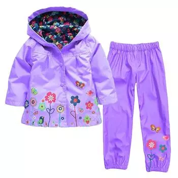 Детская цветочная ветрозащитная и непромокаемая куртка с капюшоном, водонепроницаемый костюм 130 фиолетовый