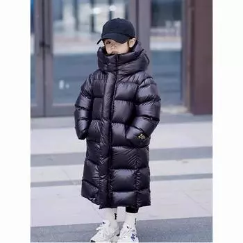 Детская длинная черная золотая утолщенная хлопковая куртка-пуховик зимняя хлопковая куртка длиной до колена для мальчиков и девочек 160cm чёрный