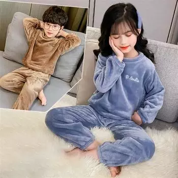 Детская домашняя одежда, детский пижамный комплект из двух частей, теплый домашний костюм цвета кораллового бархата 130