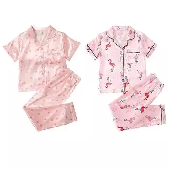 Детская домашняя одежда для девочек от 8 до 12 лет, рубашка с короткими рукавами, топ и брюки, костюм для сна с принтом 8Y