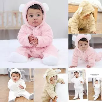 Детская флисовая куртка с капюшоном, зимняя теплая куртка, милый комбинезон с ушками медведя 59 коричневый