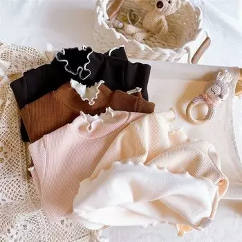 Детская флисовая майка с милым кружевным воротником для девочки, теплая футболка с полувысоким воротом, повседневный пуловер принцессы, однотонные топы с длинными рукавами 80 чёрный