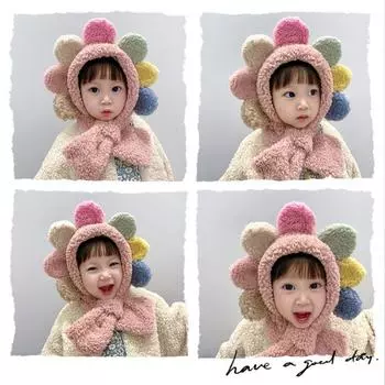 Детская флисовая шапка в корейском стиле, однотонная плюшевая шапка с шарфом, плюшевые цветочные шапки, шарф для мальчиков бежевый