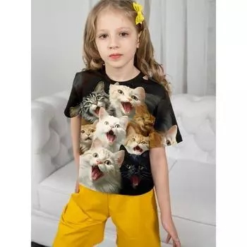 Детская футболка 2024 года для девочек с 3D-принтом и милыми кошками, одежда для девочек, детские футболки, одежда для девочек 10 лет, детская одежда, верхняя летняя 100