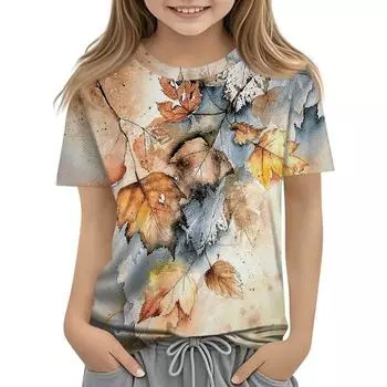 Детская футболка Детская свободная удобная дышащая милая повседневная футболка с рисунком кленового листа с короткими рукавами и круглым вырезом 110