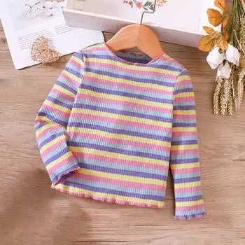 Детская футболка для девочек, детский топ с длинными рукавами и разноцветным полосатым низом 110
