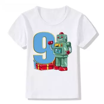 Детская футболка для мальчиков-одежда, детская одежда для девочек, футболка с надписью «С Днем Рождения», цифра 1, 2, 3, 4, футболка для девочек с забавным роботом, футболка с рисунком