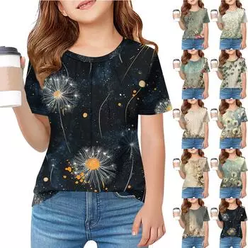 Детская футболка Fold A для девочек, летняя модная куртка с круглым воротником и цветочным принтом с короткими рукавами 100 армия зеленый