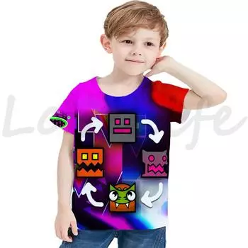 Детская футболка Game Angry Geometry Dash для девочек и мальчиков, одежда, летняя футболка с короткими рукавами и 3D-футболками для подростков, футболки с героями мультфильмов, футболки с аниме 100