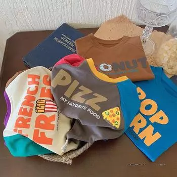 Детская футболка из чистого хлопка с длинными рукавами, нижняя рубашка на осень, контрастный цветной мультяшный принт, стильный топ для мальчиков и девочек 80cm