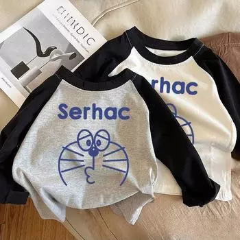 Детская футболка из чистого хлопка, топы с длинными рукавами для мальчиков и девочек, рубашка реглан с рисунком кота для детей на осень 80cm белый