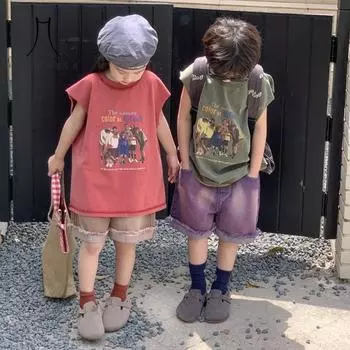 Детская футболка, летняя футболка без рукавов с мультяшным принтом в корейском стиле для мальчиков и девочек 90 зелёный