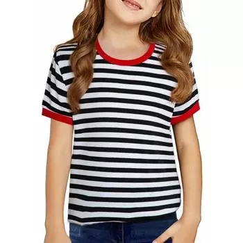 Детская футболка, летняя повседневная универсальная полосатая цветная рубашка с круглым вырезом для девочек, рубашка с короткими рукавами 110
