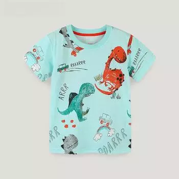 Детская футболка лето 2025: Европейский/американский стиль, принт с изображением мультяшного динозавра, короткий рукав, трикотажный хлопок 125cm