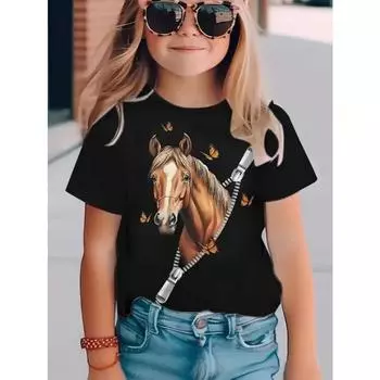 Детская футболка Модная и качественная детская женская футболка с коротким рукавом с рисунком «Любовь и животные» 110