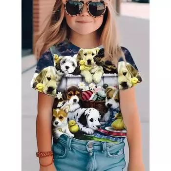 Детская футболка Модная и качественная детская женская футболка с коротким рукавом с рисунком «Любовь и животные» 110