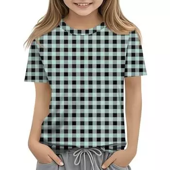 Детская футболка Модная повседневная клетчатая футболка с короткими рукавами и круглым вырезом 110